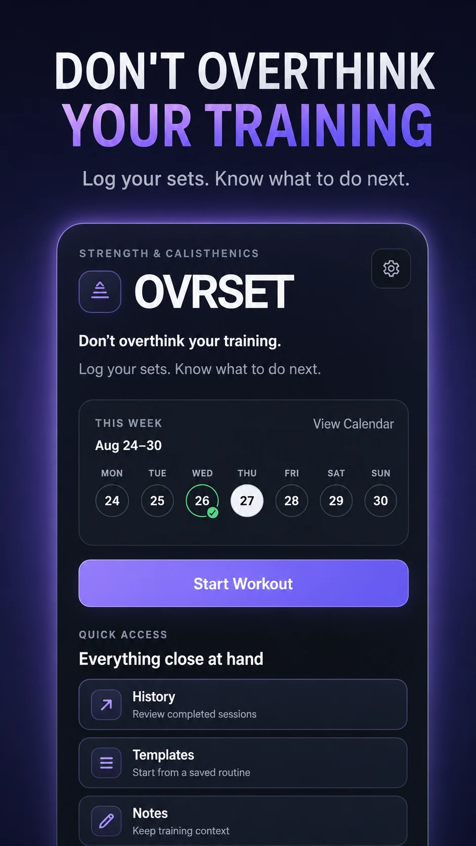 OVRSET home screen and weekly training overview